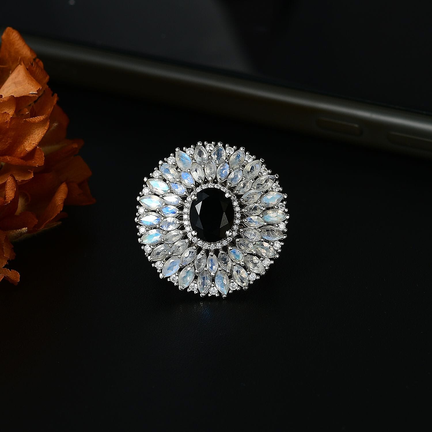 California Black Jade and Multi Gemstone 8.30 ctw Dahlia Bloom Ring in Rhodium Over Sterling Silver (Size 10.0)
