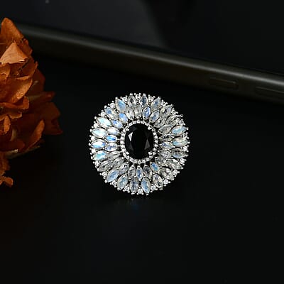 California Black Jade and Multi Gemstone 8.30 ctw Dahlia Bloom Ring in Rhodium Over Sterling Silver (Size 10.0)