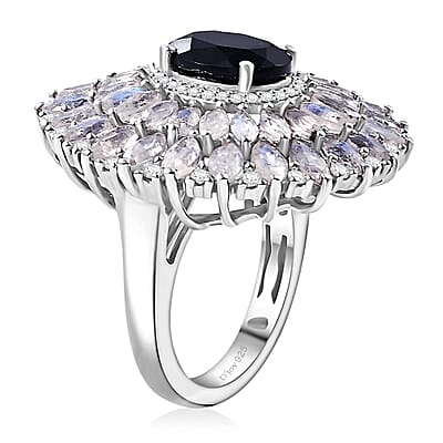 California Black Jade and Multi Gemstone 8.30 ctw Dahlia Bloom Ring in Rhodium Over Sterling Silver (Size 10.0)