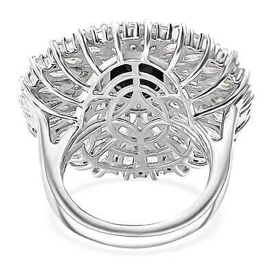 California Black Jade and Multi Gemstone 8.30 ctw Dahlia Bloom Ring in Rhodium Over Sterling Silver (Size 10.0)