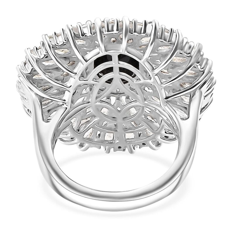 California Black Jade and Multi Gemstone 8.30 ctw Dahlia Bloom Ring in Rhodium Over Sterling Silver (Size 10.0)