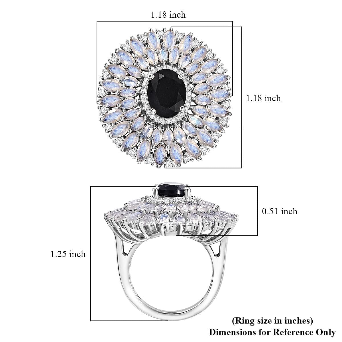 California Black Jade and Multi Gemstone 8.30 ctw Dahlia Bloom Ring in Rhodium Over Sterling Silver (Size 10.0)