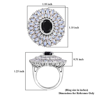 California Black Jade and Multi Gemstone 8.30 ctw Dahlia Bloom Ring in Rhodium Over Sterling Silver (Size 10.0)