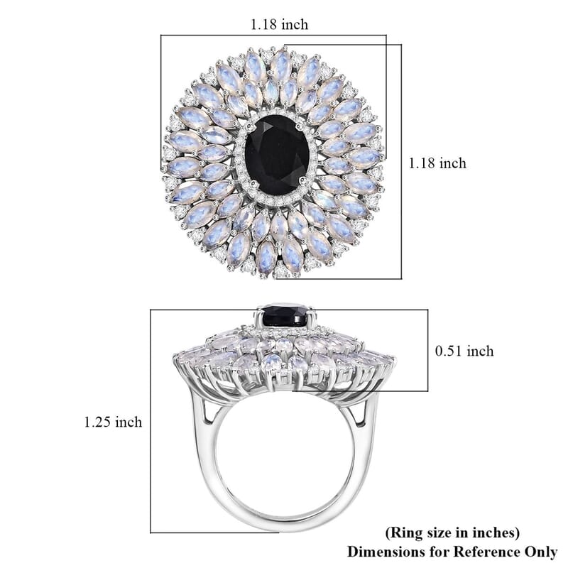 California Black Jade and Multi Gemstone 8.30 ctw Dahlia Bloom Ring in Rhodium Over Sterling Silver (Size 10.0)