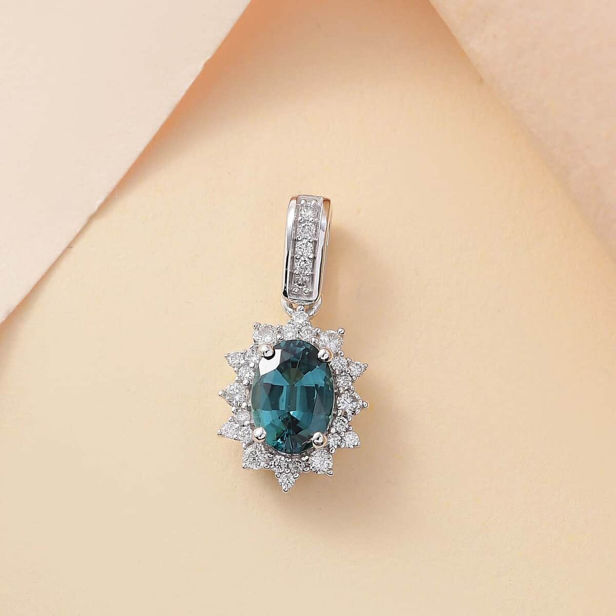 Luxoro AAA Pirineu Lagoon Tourmaline and G-H I2 Diamond 1.00 ctw Midnight Bloom Pendant in 14K White Gold image number 1