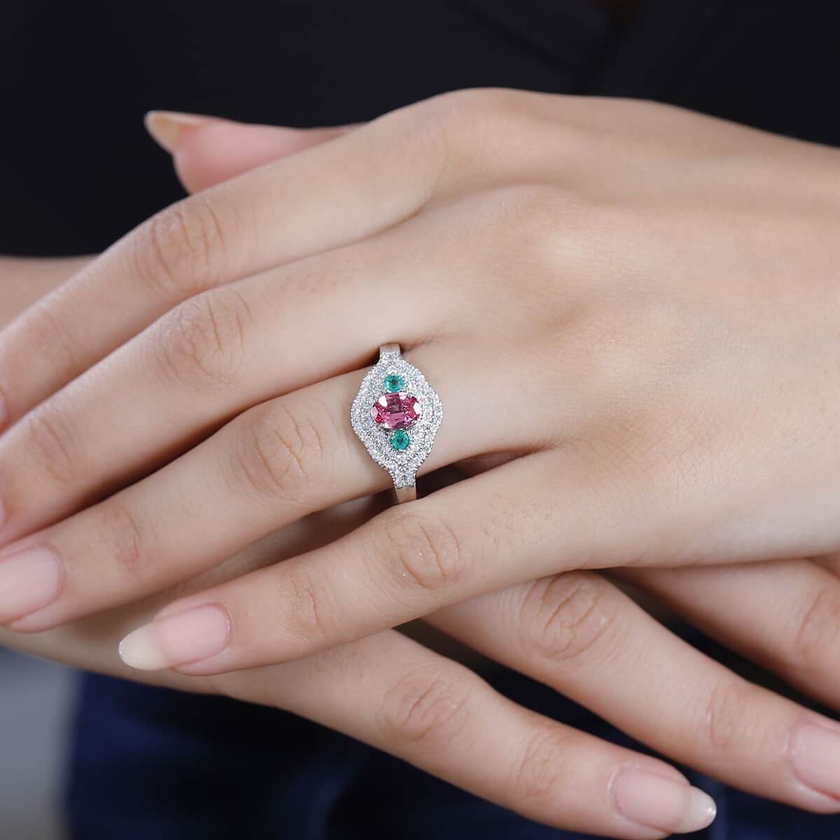 Epic Deal Rhapsody 950 Platinum AAAA Mahenge Spinel, Boyaca Colombian Emerald, Diamond (E-F VS) (0.45 cts) Eternal Love Ring (Size 9.0) (6.50 g) 1.20 ctw image number 2