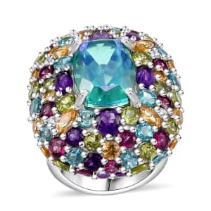 GP Italian Garden Collection Peacock Quartz (Triplet) and Multi Gemstone 21.70 ctw Ring in Rhodium Over Sterling Silver (Size 10.0)