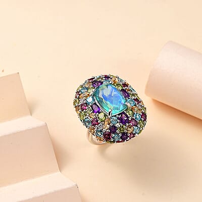 GP Italian Garden Collection Peacock Quartz (Triplet) and Multi Gemstone 21.70 ctw Ring in Rhodium Over Sterling Silver (Size 10.0)
