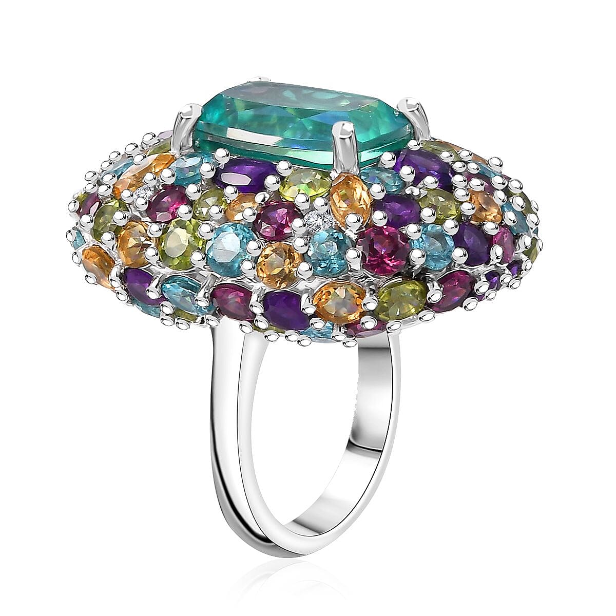 GP Italian Garden Collection Peacock Quartz (Triplet) and Multi Gemstone 21.70 ctw Ring in Rhodium Over Sterling Silver (Size 10.0)