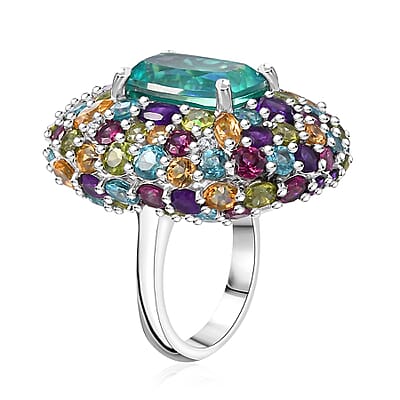 GP Italian Garden Collection Peacock Quartz (Triplet) and Multi Gemstone 21.70 ctw Ring in Rhodium Over Sterling Silver (Size 10.0)