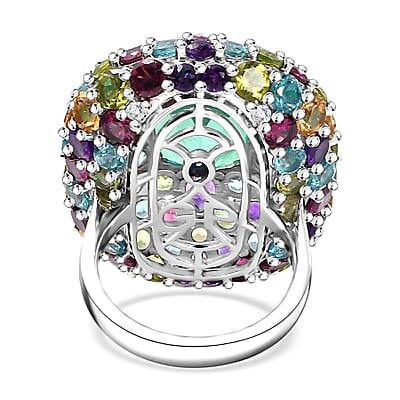 GP Italian Garden Collection Peacock Quartz (Triplet) and Multi Gemstone 21.70 ctw Ring in Rhodium Over Sterling Silver (Size 10.0)