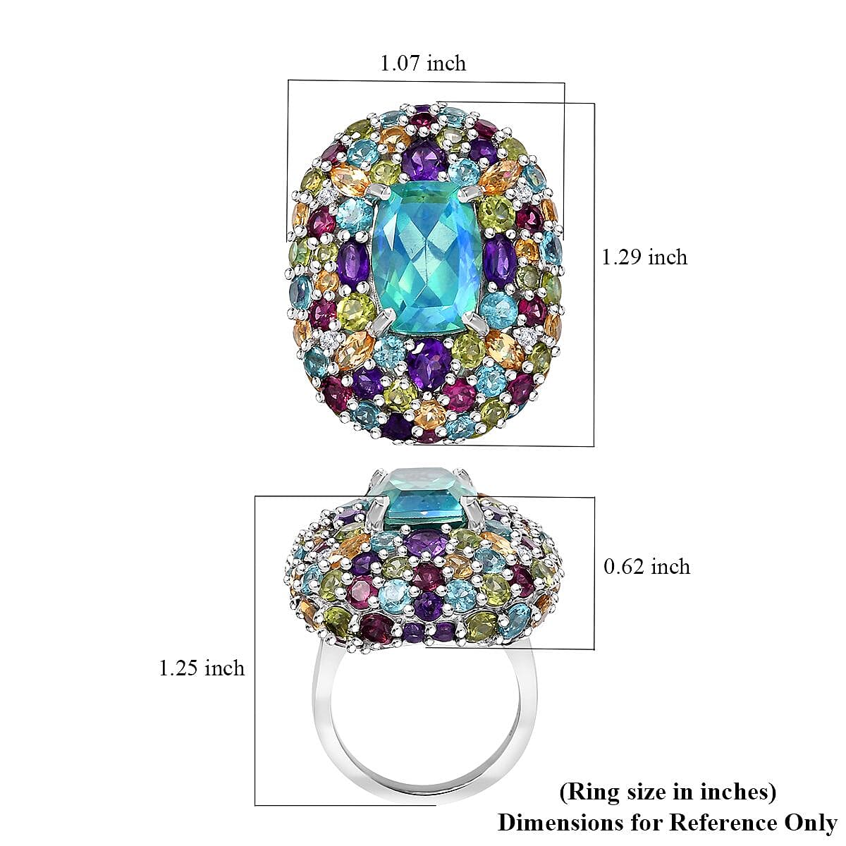 GP Italian Garden Collection Peacock Quartz (Triplet) and Multi Gemstone 21.70 ctw Ring in Rhodium Over Sterling Silver (Size 10.0)