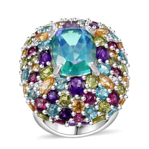 GP Italian Garden Collection Peacock Quartz (Triplet) and Multi Gemstone 21.70 ctw Ring in Rhodium Over Sterling Silver (Size 6.0)