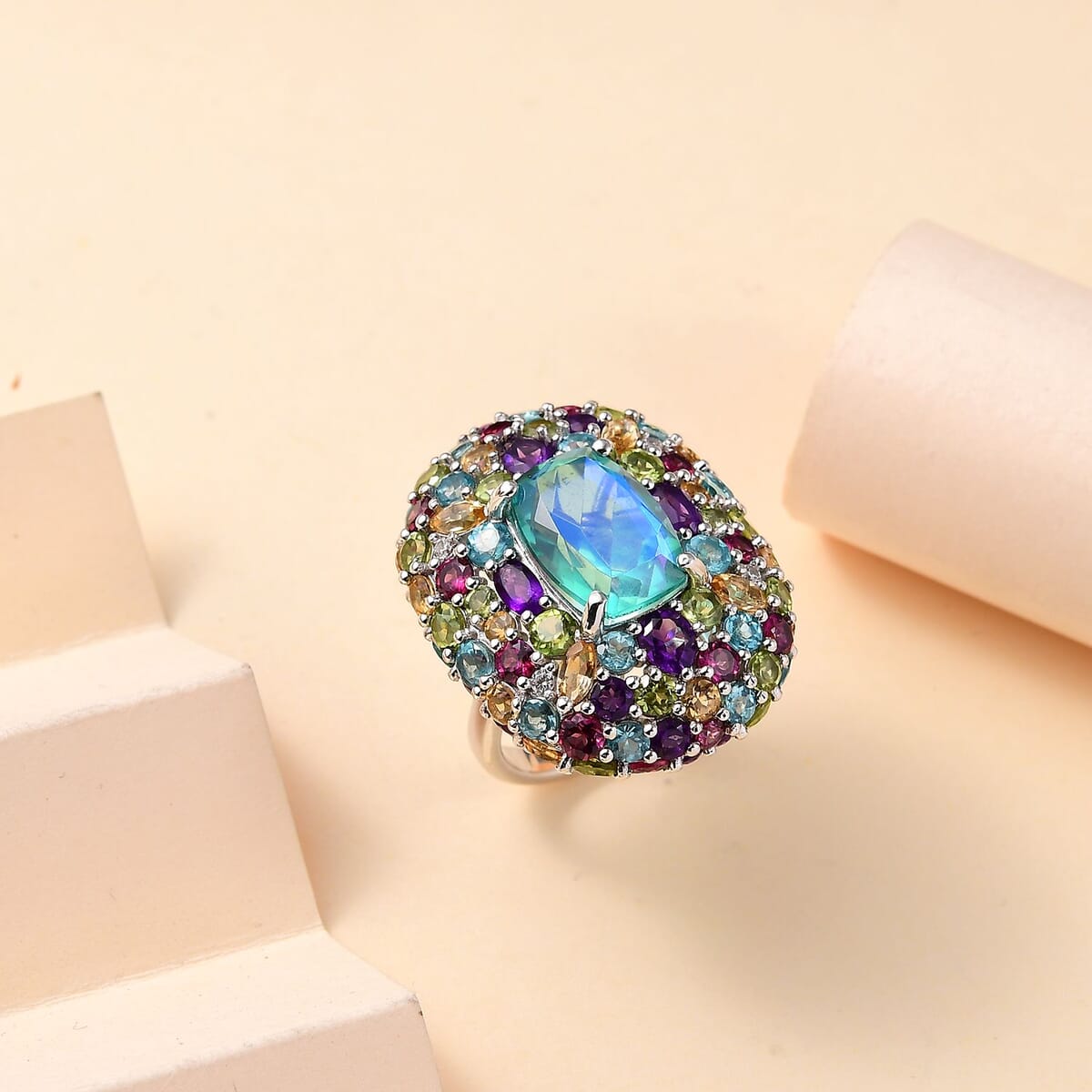 GP Italian Garden Collection Peacock Quartz (Triplet) and Multi Gemstone 21.70 ctw Ring in Rhodium Over Sterling Silver (Size 6.0) image number 1