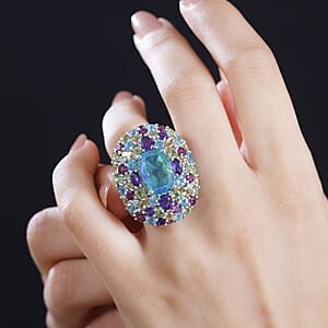GP Italian Garden Collection Peacock Quartz (Triplet) and Multi Gemstone 21.70 ctw Ring in Rhodium Over Sterling Silver (Size 6.0)
