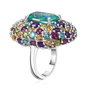 GP Italian Garden Collection Peacock Quartz (Triplet) and Multi Gemstone 21.70 ctw Ring in Rhodium Over Sterling Silver (Size 6.0)