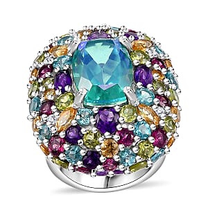 GP Italian Garden Collection Peacock Quartz (Triplet) and Multi Gemstone 21.70 ctw Ring in Rhodium Over Sterling Silver (Size 8.0)