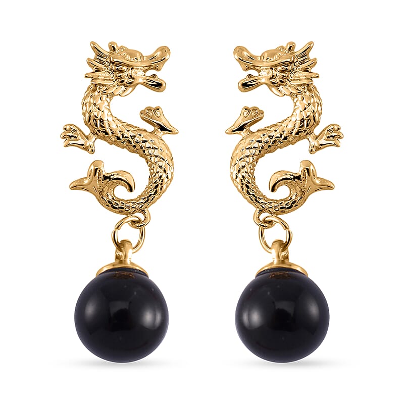 Black Obsidian Dragon Earrings in Goldtone 15.00 ctw