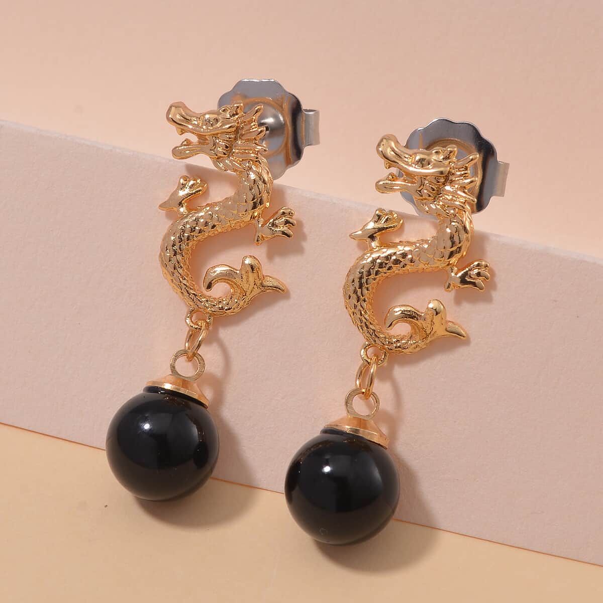 Black Obsidian Dragon Earrings in Goldtone 15.00 ctw image number 1