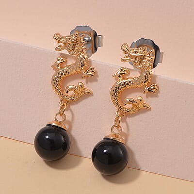 Black Obsidian Dragon Earrings in Goldtone 15.00 ctw