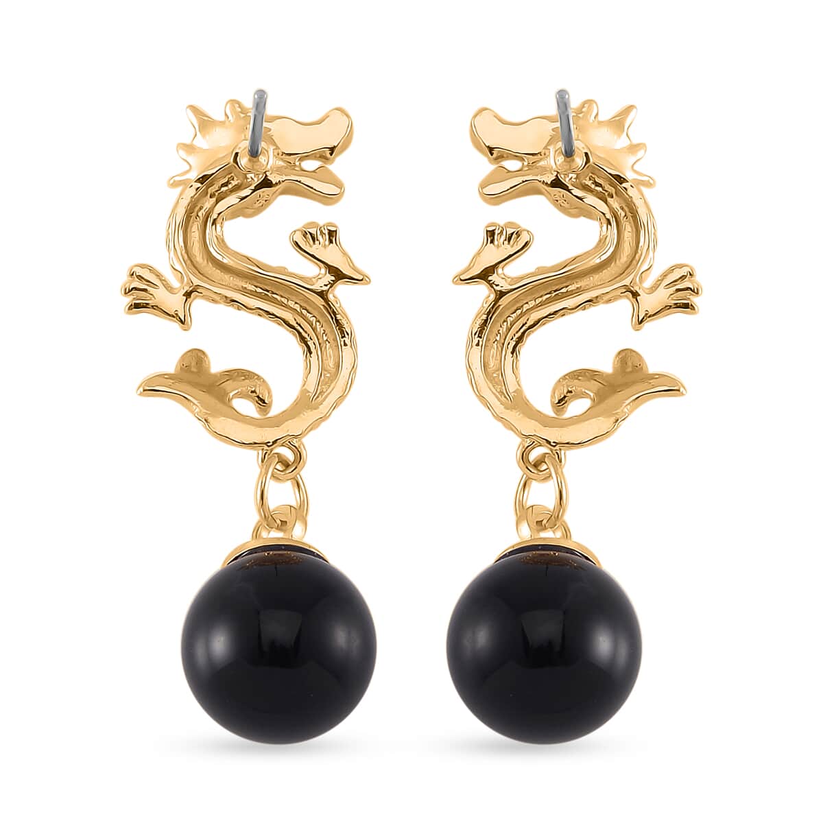 Black Obsidian Dragon Earrings in Goldtone 15.00 ctw image number 4