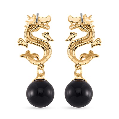 Black Obsidian Dragon Earrings in Goldtone 15.00 ctw