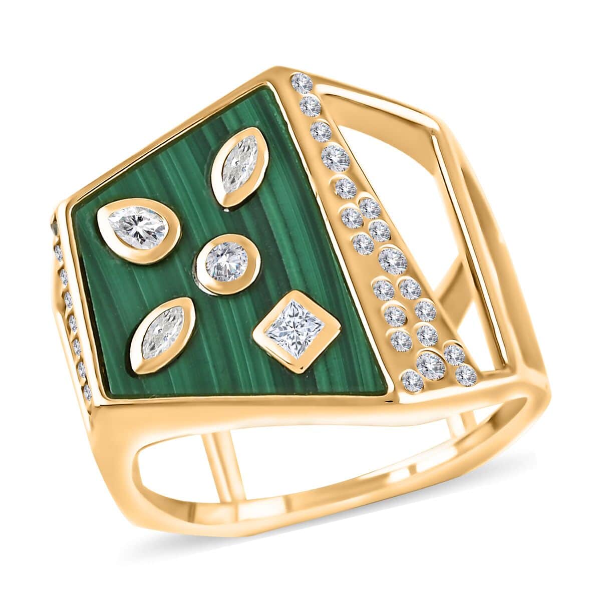 Clarte Geode Collection Moissanite and African Malachite 3.35 ctw Ring in Vermeil Yellow Gold Over Sterling Silver (Size 10.0) image number 0