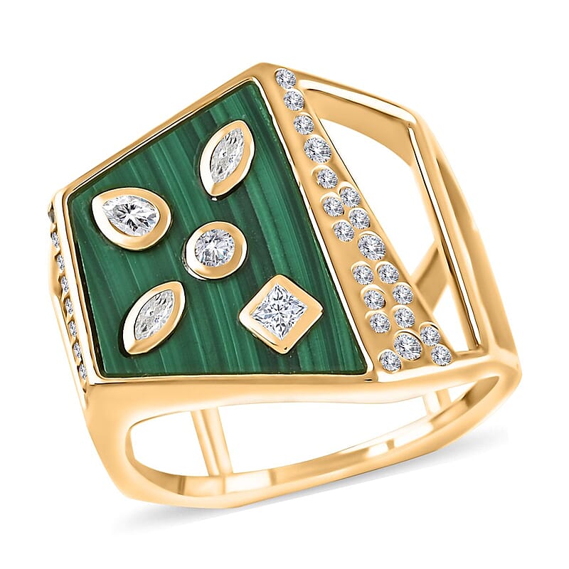 Clarte Geode Collection Moissanite and African Malachite 3.35 ctw Ring in Vermeil Yellow Gold Over Sterling Silver (Size 10.0)