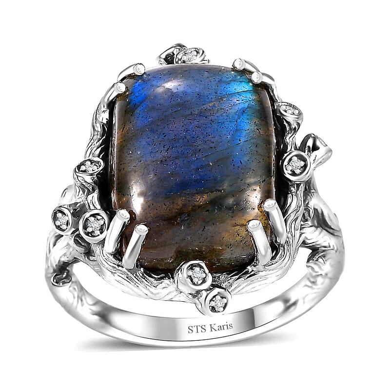 Karis Malagasy Labradorite and White Zircon 12.20 ctw Tree Branch Ring in Platinum Bond (Size 10.0)