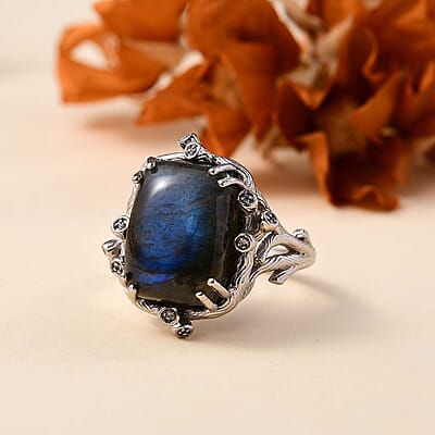 Karis Malagasy Labradorite and White Zircon 12.20 ctw Tree Branch Ring in Platinum Bond (Size 10.0)