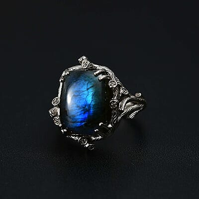 Karis Malagasy Labradorite and White Zircon 12.20 ctw Tree Branch Ring in Platinum Bond (Size 10.0)
