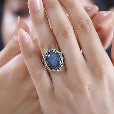 Karis Malagasy Labradorite and White Zircon 12.20 ctw Tree Branch Ring in Platinum Bond (Size 10.0)