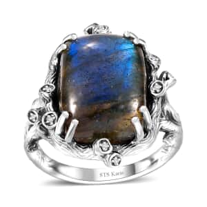 Karis Malagasy Labradorite and White Zircon 12.20 ctw Tree Branch Ring in Platinum Bond (Size 7.0)