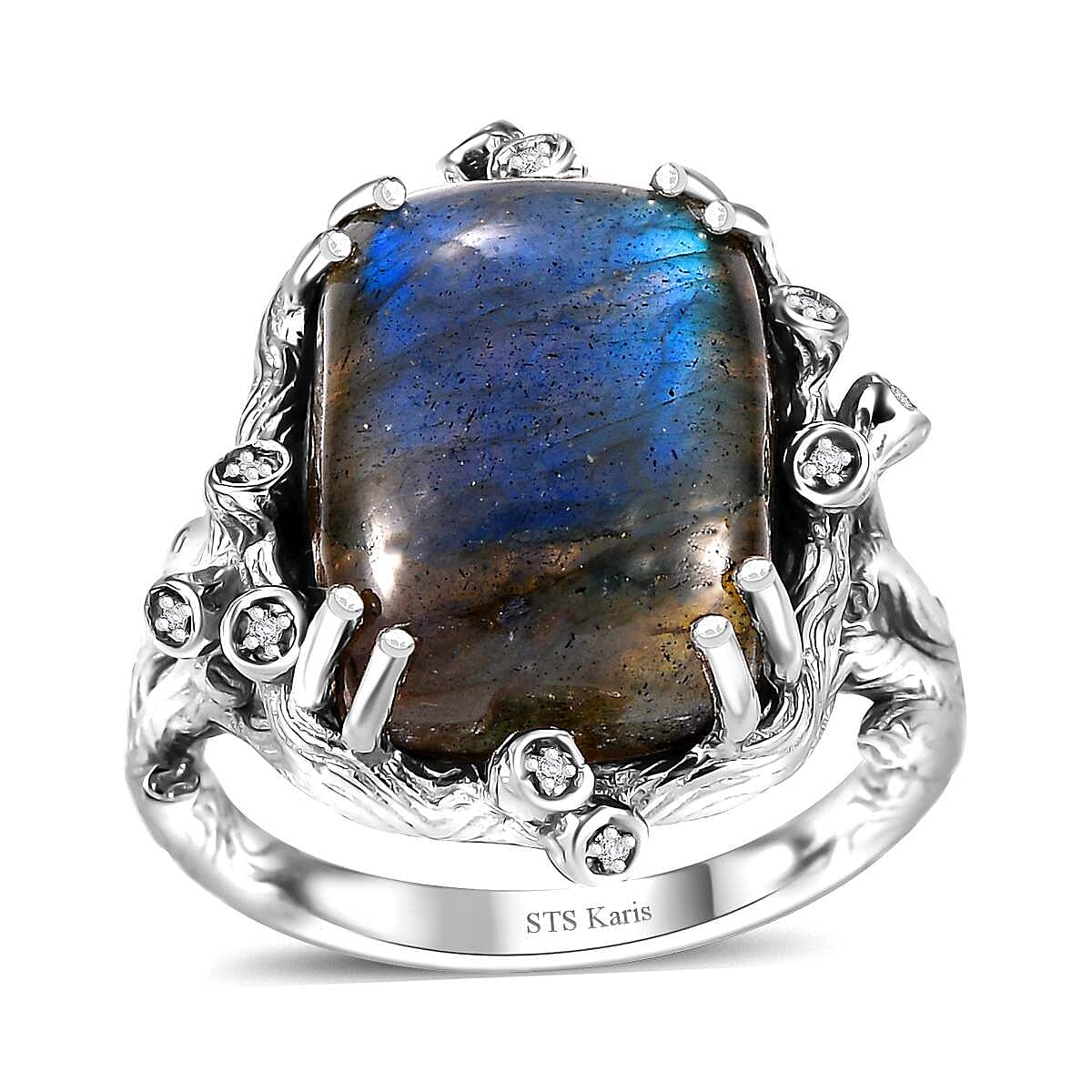 Karis Malagasy Labradorite, White Zircon Tree Branch Ring in Platinum Bond (Size 8.0) (Del. in 10-12 Days) 11.70 ctw