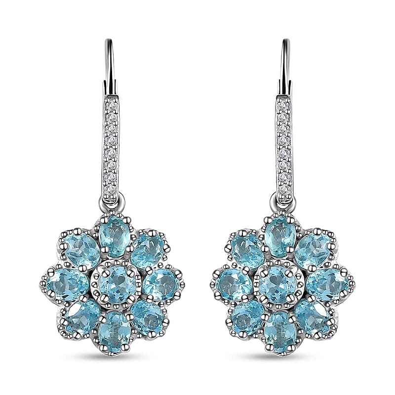Betroka Blue Apatite and White Zircon 3.65 ctw Floral Earrings in Platinum Over Sterling Silver