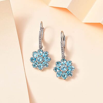 Betroka Blue Apatite and White Zircon 3.65 ctw Floral Earrings in Platinum Over Sterling Silver