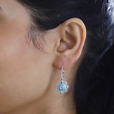 Betroka Blue Apatite and White Zircon 3.65 ctw Floral Earrings in Platinum Over Sterling Silver