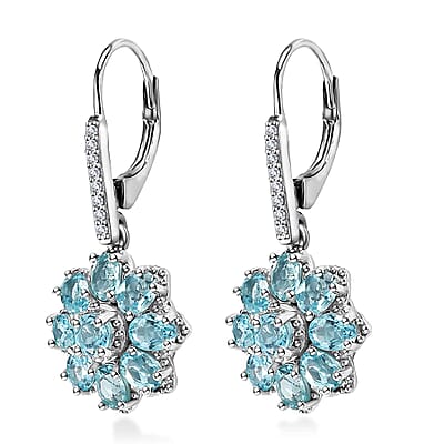Betroka Blue Apatite and White Zircon 3.65 ctw Floral Earrings in Platinum Over Sterling Silver