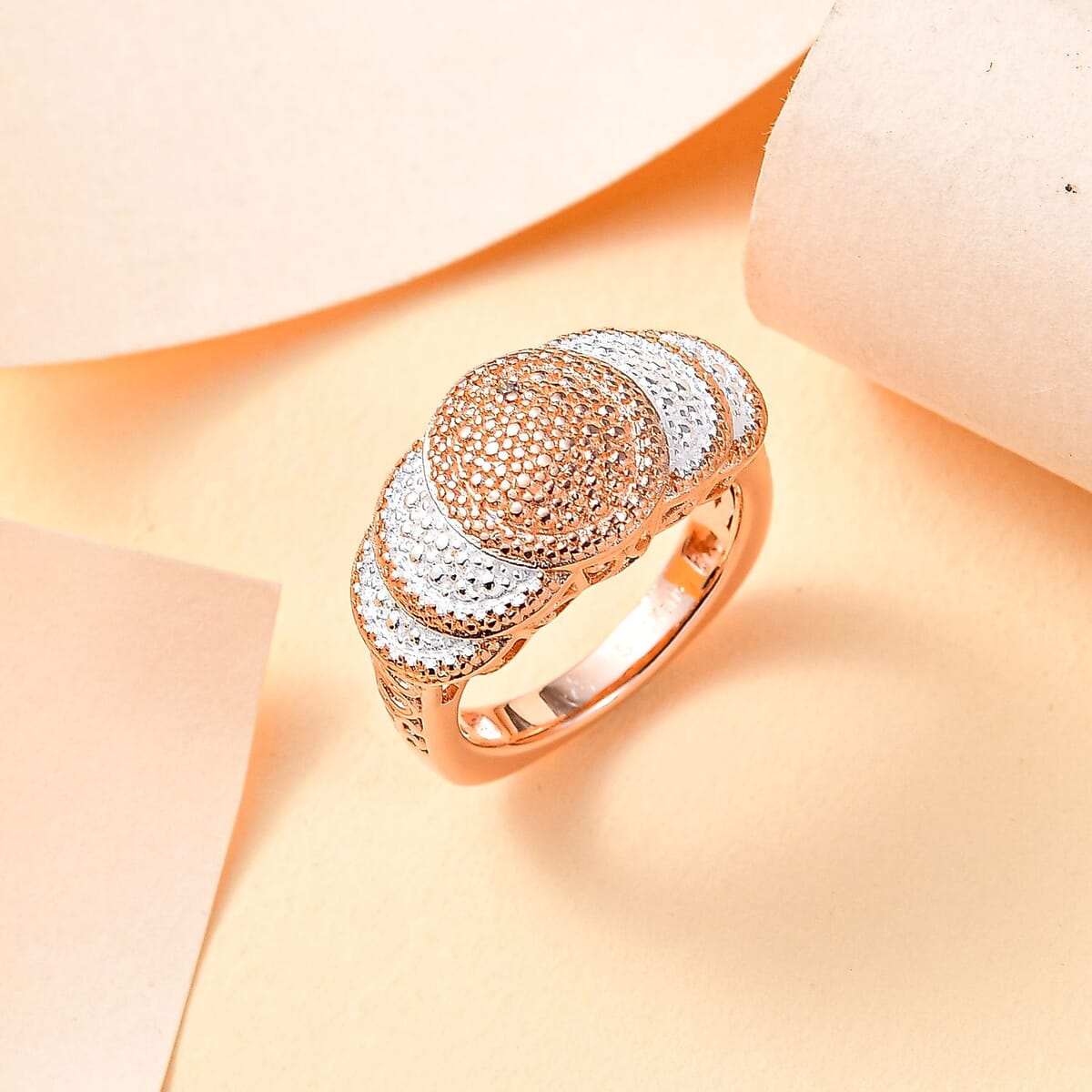 Karis Natural Champagne Diamond Accent Scalloped Ring in Platinum Bond and 18K RG Plated (Size 7.0) image number 1