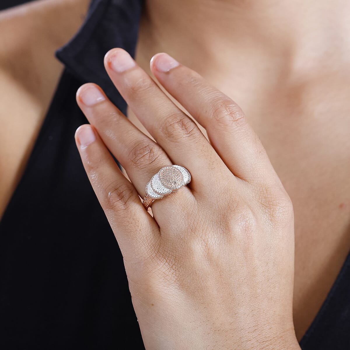 Karis Natural Champagne Diamond Accent Scalloped Ring in Platinum Bond and 18K RG Plated (Size 7.0) image number 2