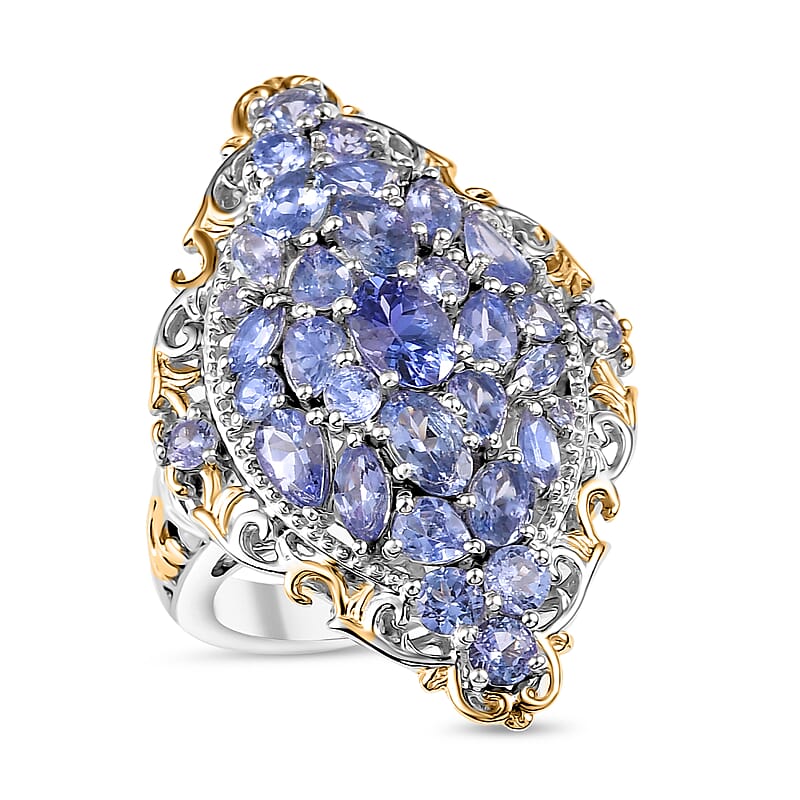 D'Joy Tanzanite 4.10 ctw Art Nouveau Ring in 18K Vermeil YG and Rhodium Over Sterling Silver (Size 7.0)