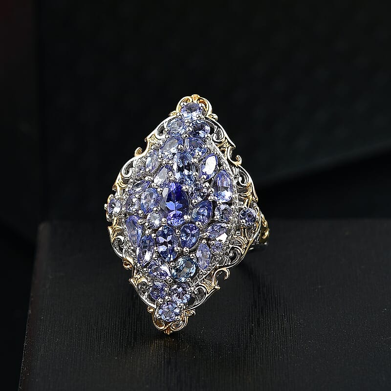 D'Joy Tanzanite 4.10 ctw Art Nouveau Ring in 18K Vermeil YG and Rhodium Over Sterling Silver (Size 7.0)