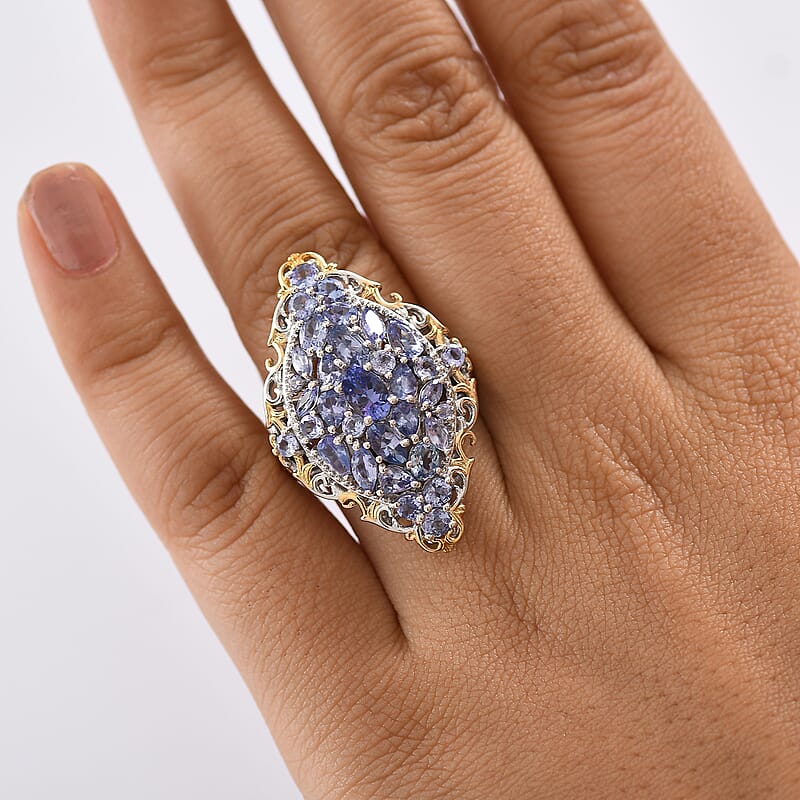 D'Joy Tanzanite 4.10 ctw Art Nouveau Ring in 18K Vermeil YG and Rhodium Over Sterling Silver (Size 7.0)