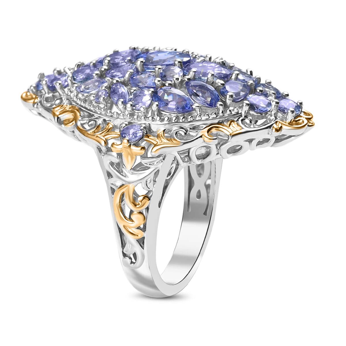 D'Joy Tanzanite 4.10 ctw Ring in 18K Vermeil YG and Rhodium Over Sterling Silver (Size 7.0) image number 3
