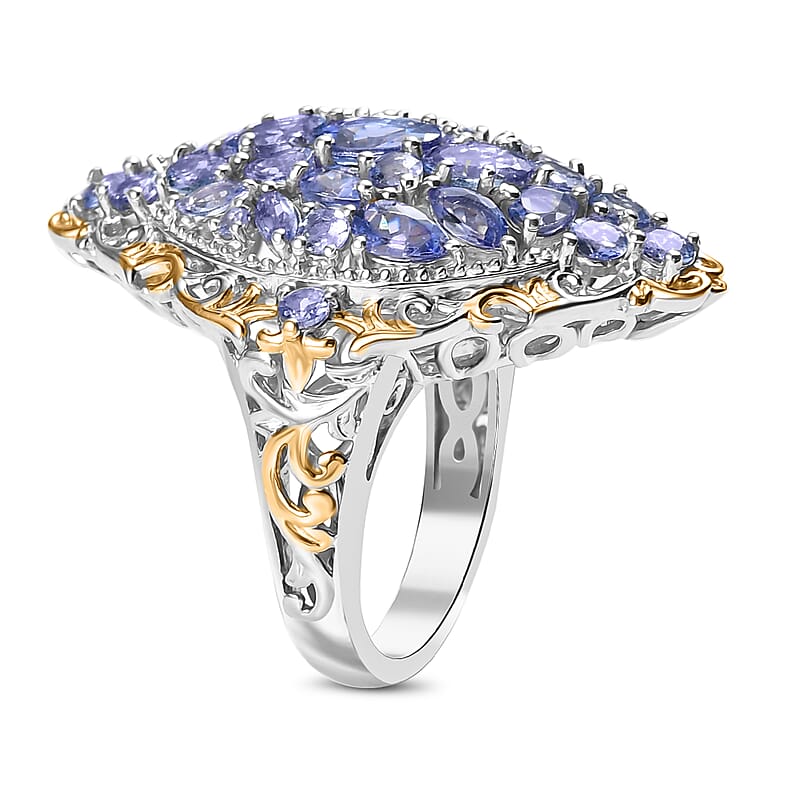 D'Joy Tanzanite 4.10 ctw Art Nouveau Ring in 18K Vermeil YG and Rhodium Over Sterling Silver (Size 7.0)