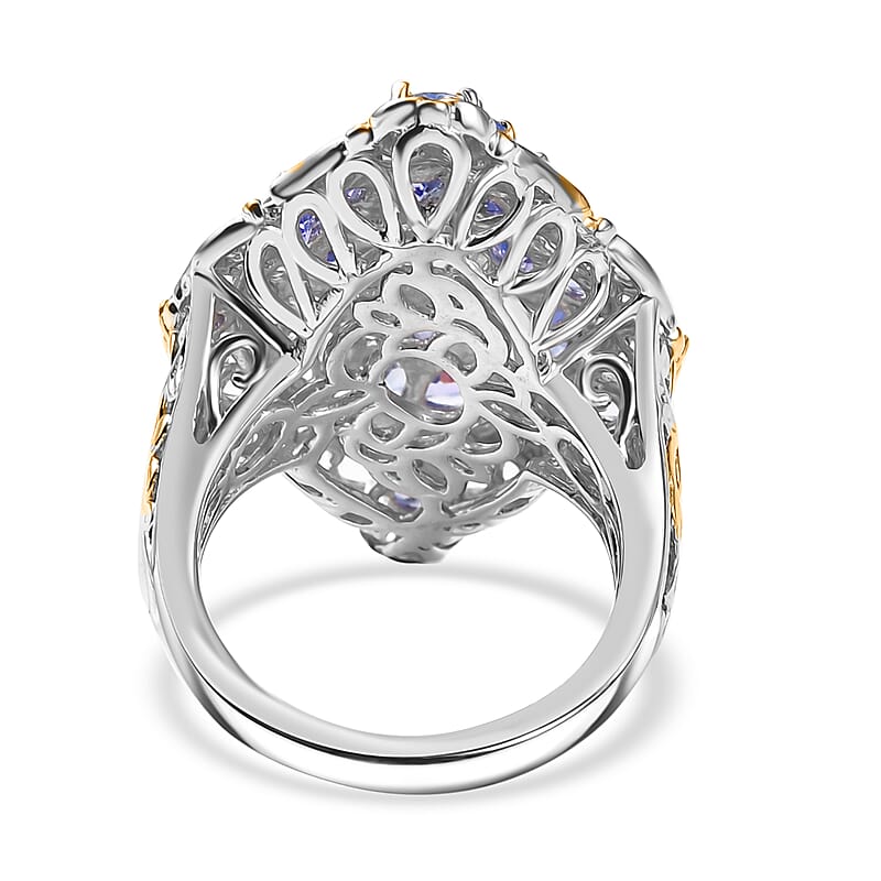 D'Joy Tanzanite 4.10 ctw Art Nouveau Ring in 18K Vermeil YG and Rhodium Over Sterling Silver (Size 7.0)