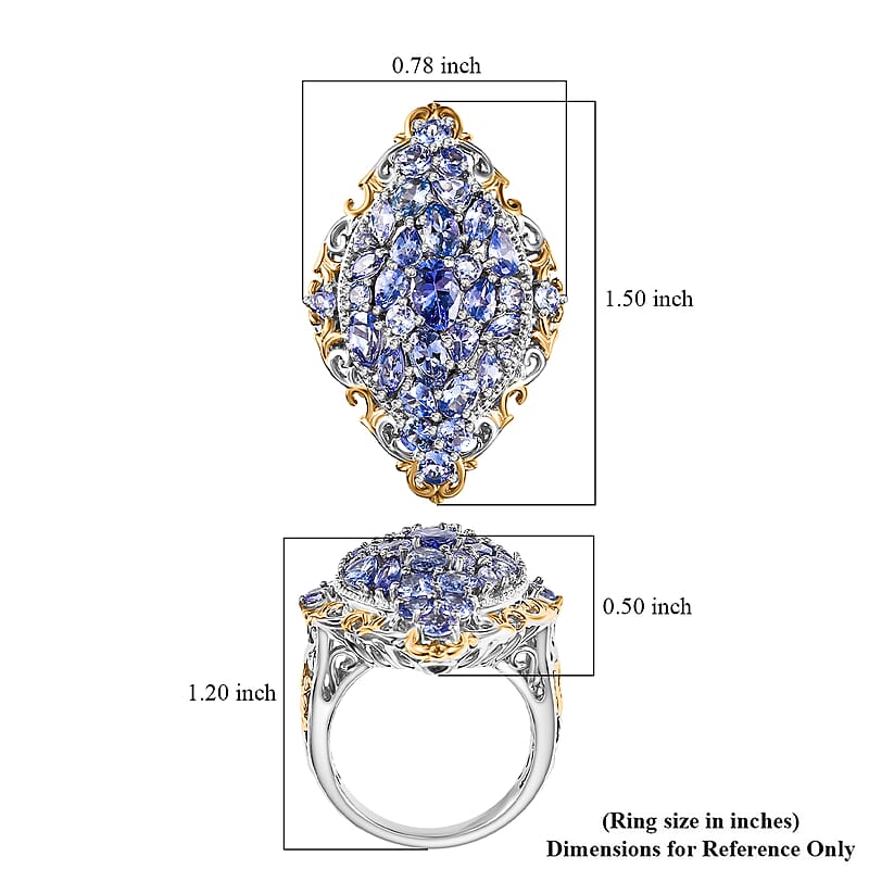 D'Joy Tanzanite 4.10 ctw Art Nouveau Ring in 18K Vermeil YG and Rhodium Over Sterling Silver (Size 7.0)