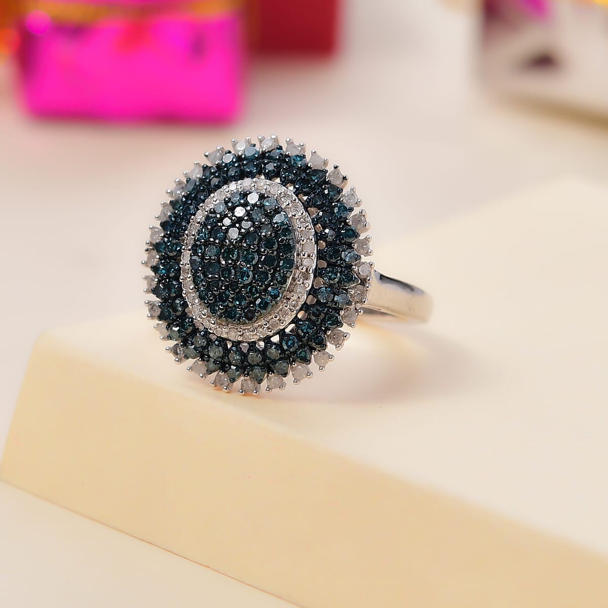 Blue and White Diamond 1.00 ctw Celestial Glow Ring in Rhodium Over Sterling Silver (Size 8.0) image number 1