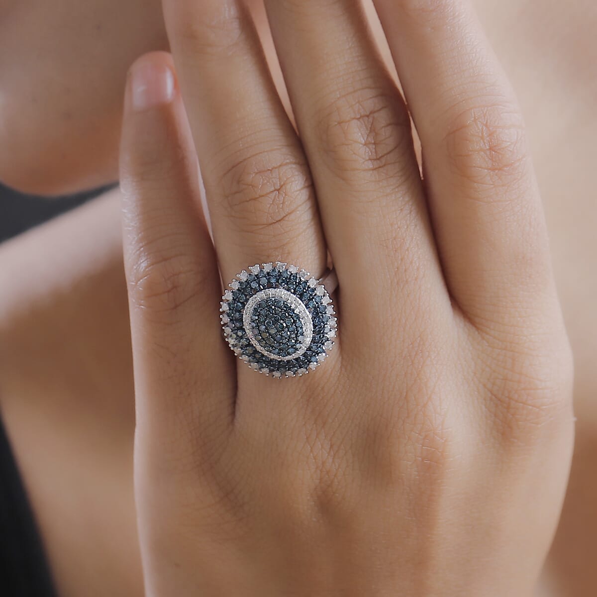 Blue and White Diamond 1.00 ctw Celestial Glow Ring in Rhodium Over Sterling Silver (Size 8.0) image number 2