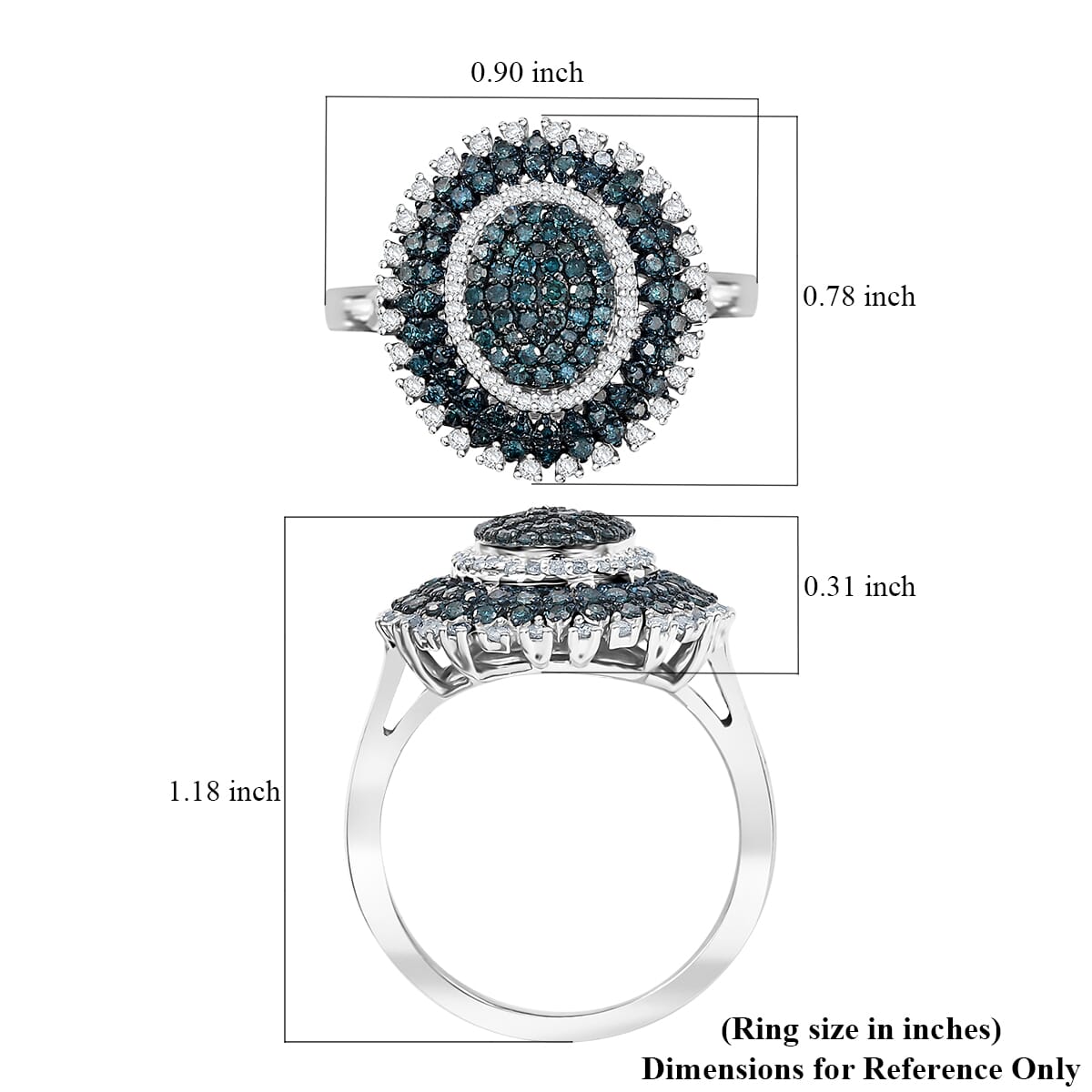 Blue and White Diamond 1.00 ctw Celestial Glow Ring in Rhodium Over Sterling Silver (Size 8.0) image number 5